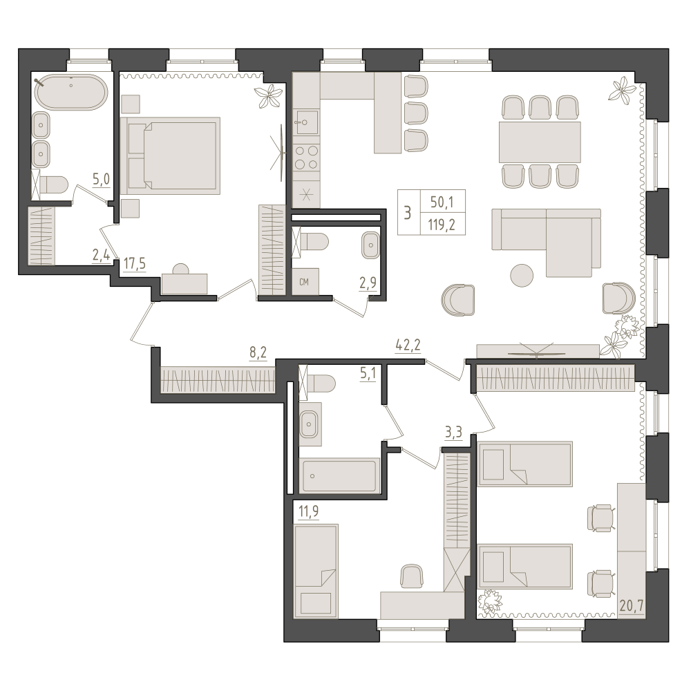3-комнатная, 119.2 м2, Клубная резиденция «Империал»