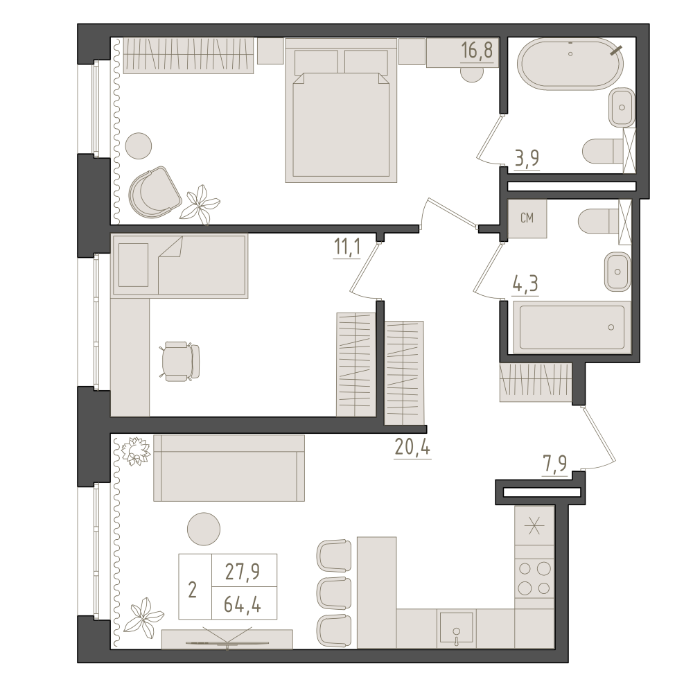 2-комнатная, 64.4 м2, Клубная резиденция «Империал»