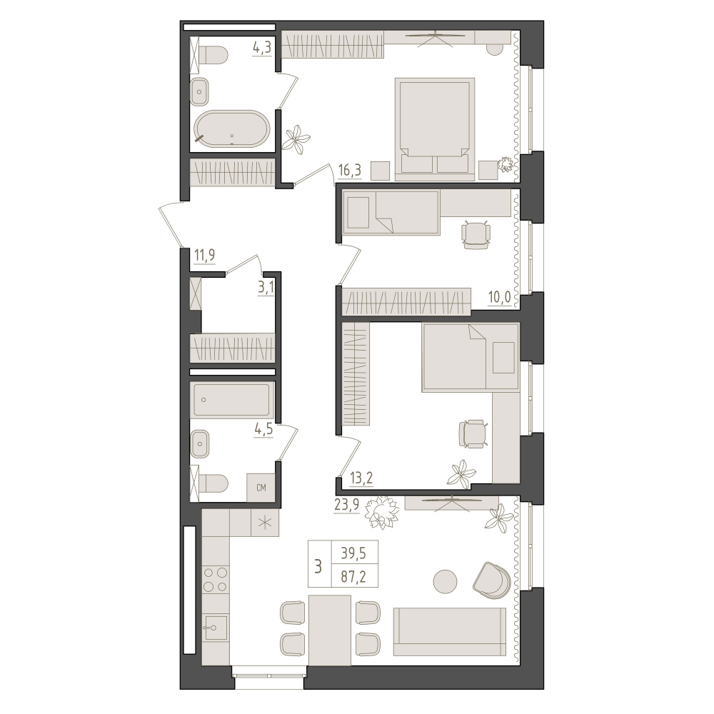 3-комнатная, 87.2 м2, Клубная резиденция «Империал»
