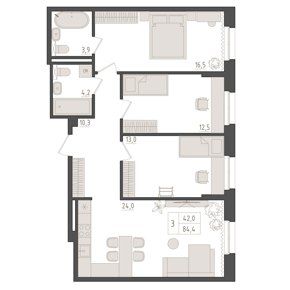 3-комнатная, 84.4 м2, Клубная резиденция «Империал»