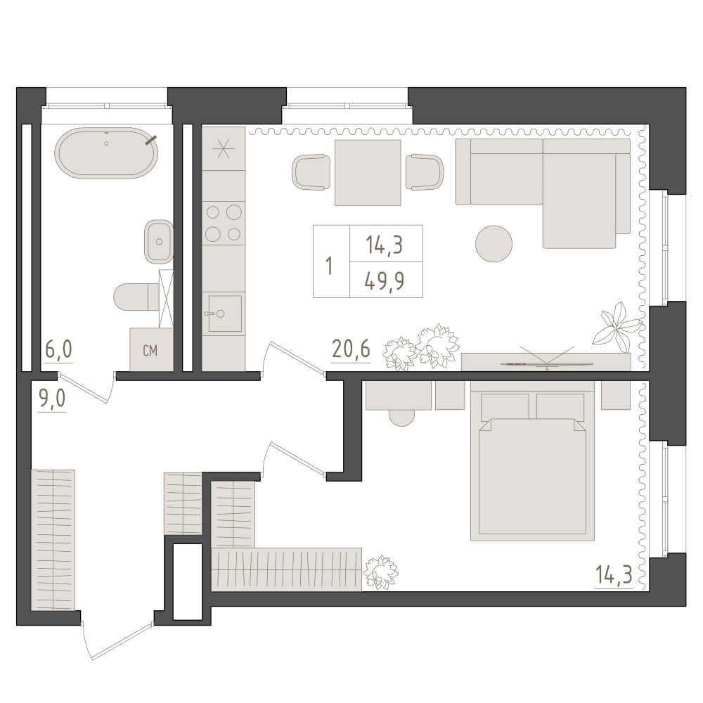 1-комнатная, 49.9 м2, Клубная резиденция «Империал»