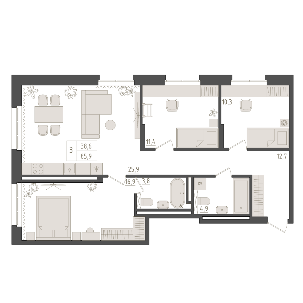 3-комнатная, 85.8 м2, Клубная резиденция «Империал»